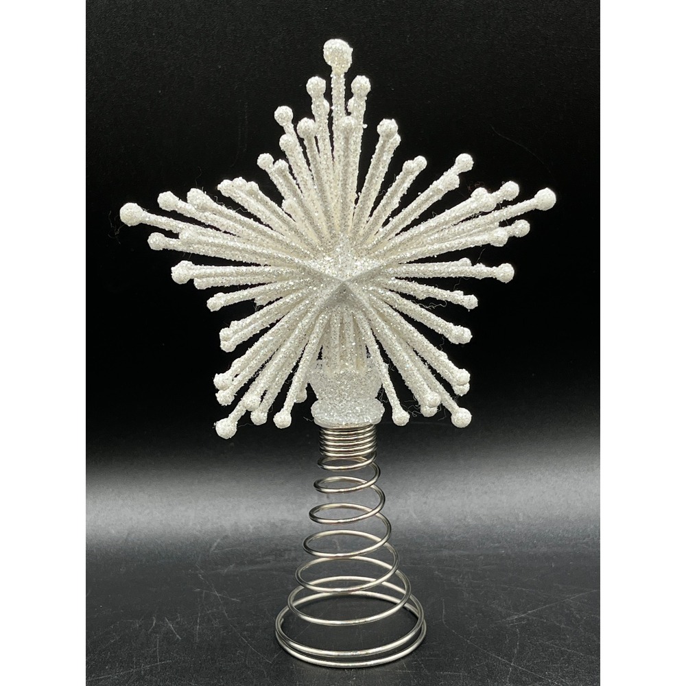 White Glitter Starburst Christmas Tree Topper Atomic Star MCM Holiday Decor 6"